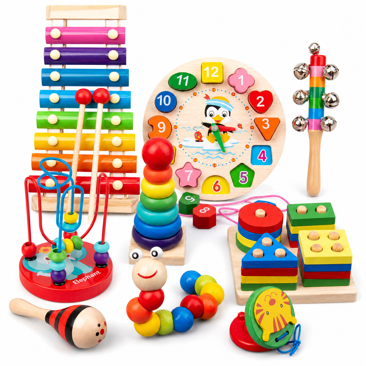 Juguetes educativos de madera para la primera infancia, laberinto de cuentas para bebés, instrumento musical de ocho tonos, reloj despertador, juego de percusión, juguetes de madera image 30