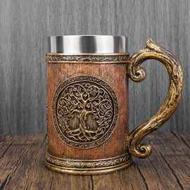 Norse Tree of Life Viking Mug Resin&Stainless Steel Beer跨境