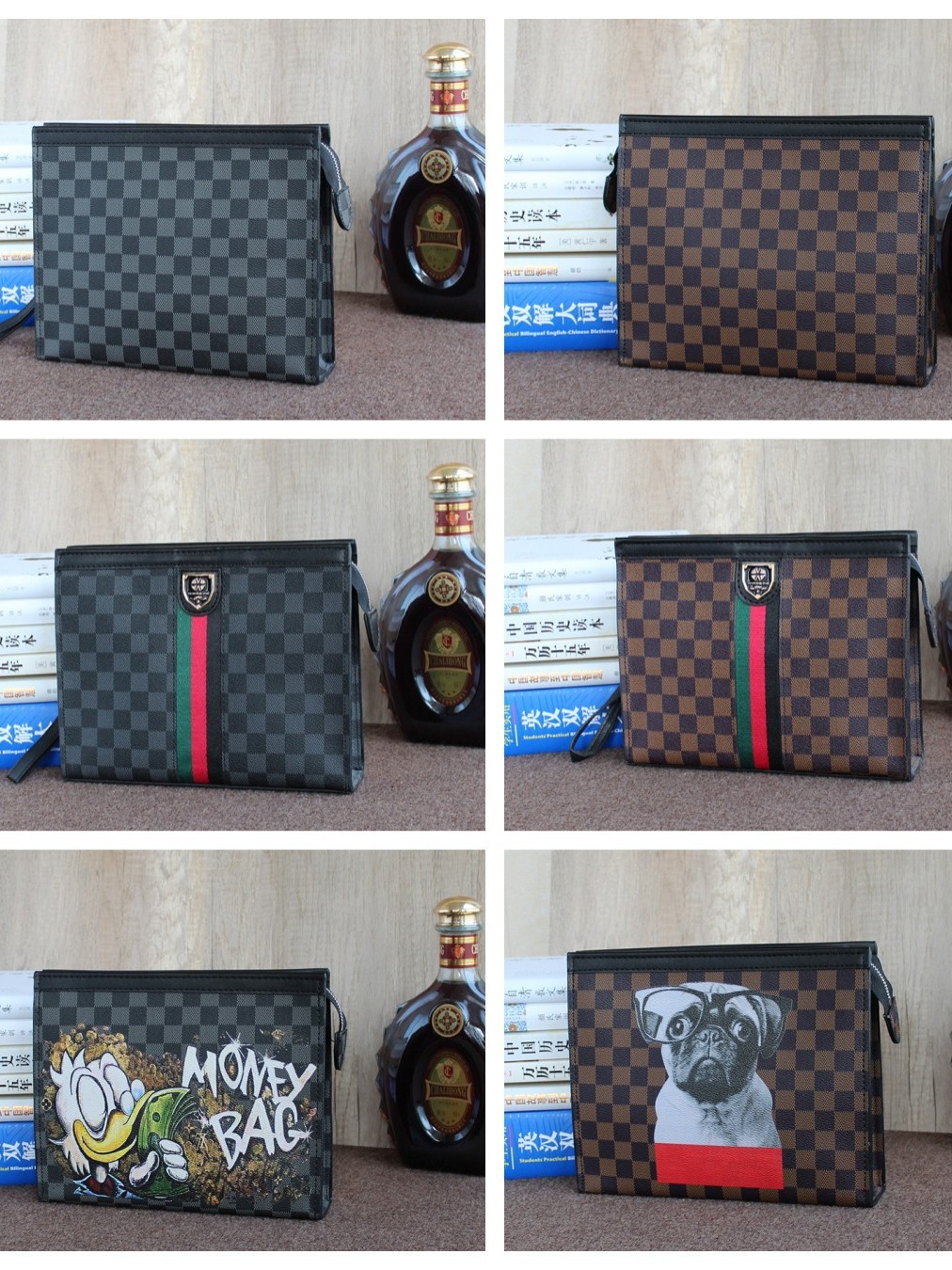 Kişi üçün plaid naxışlı kiçik dəri clutch cüzdan 10 düymlük