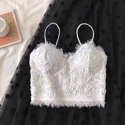 2021新款文文同款睫毛蕾丝美背裹胸女网红同款打底吊带背心带胸垫
