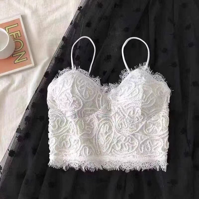 2021新款文文同款睫毛蕾丝美背裹胸女网红同款打底吊带背心带胸垫