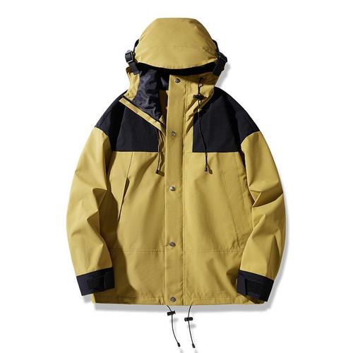 Spring and Autumn Outdoor Windproof & Waterproof Jacket with Detachable Hood—Men's and Women's Couple Style, Available in Navy Blue Patchwork