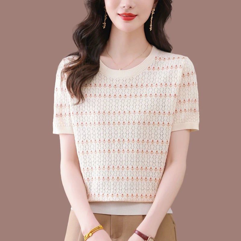 2025 新しい半袖 Tシャツルーズ痩身西洋スタイルママシャツ女性の夏のストライプジャカードアイスシルクセーター|undefined