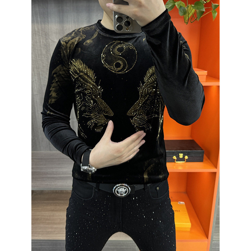 New round-neck sweatshirt for autumn, European fashion, stylish and handsome long-sleeved men's shirt, trendy base shirt, versatile gold velvet New round-neck sweatshirt for autumn, European fashion, stylish and handsome long-sleeved men's shirt, trendy base shirt, versatile gold velvet