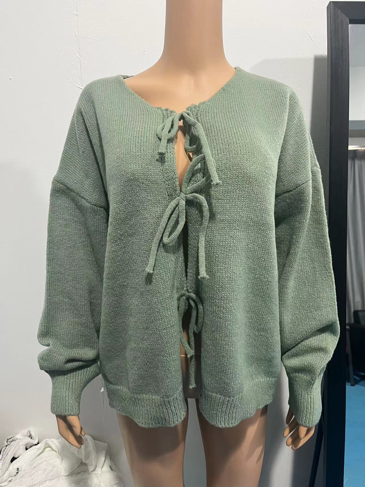 491g Weight Long Sleeve Sleeve Length Tie Placket Type Polyester Fabric Type Regular Top Length Cardigan, Sweater Tops Type Daily Occasion U Neck Neckline Loose Fit Type Solid Color Pattern Spring, Autumn Season Women's Gender Casual, Elegant Style Wholesale Women's Casual Elegant Solid Color Long Sleeve Sweaters & Cardigans 17