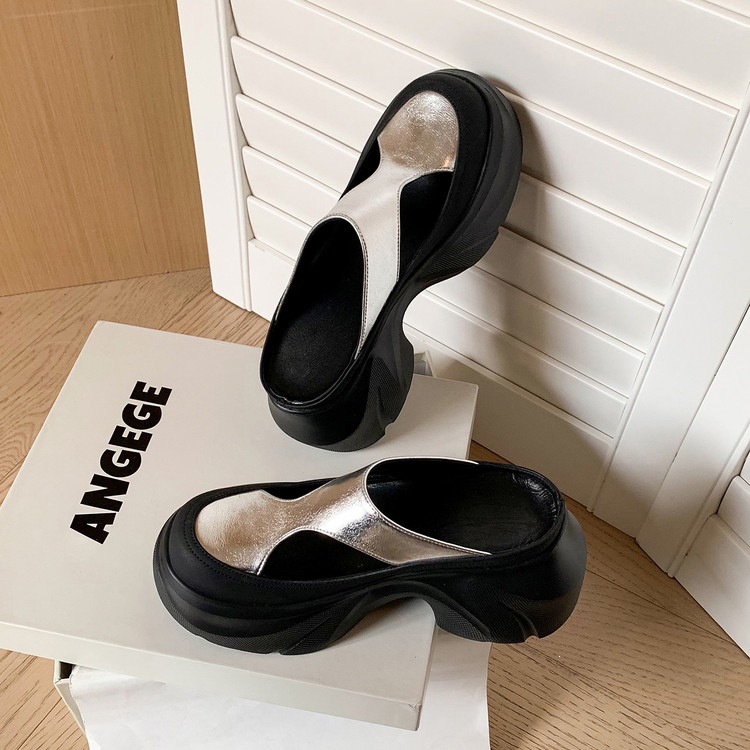 Dép sandal nữ da thật họa tiết da báo đế xuồng cao gót 9 cm — Trang chủ, màu đen, bạc chi tiết 102