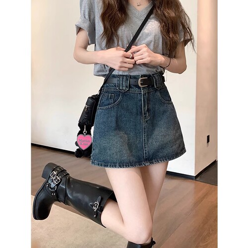Women's Summer Plus Size Vintage Denim A-Line Short Skirt, High-Waisted Slimming Bustier, No-Show Design Fashion Pants