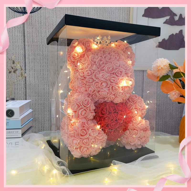 복숭아 핑크 하트 포옹 웨딩 드레스 곰 + 선물 상자 가벼운 끈