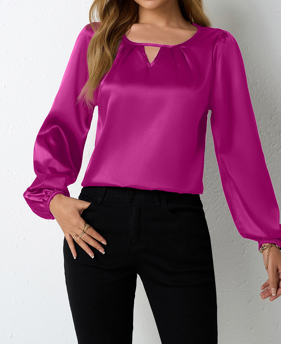 Satinbluse Damen Langarm Elegante Faltenbluse Oberteil_voghion.com