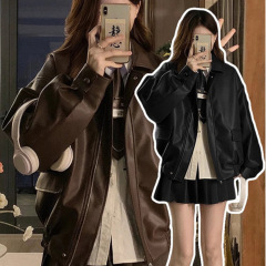 棕色小个子chic皮衣短外套女春秋2025新款美式复古棒球服夹克上衣