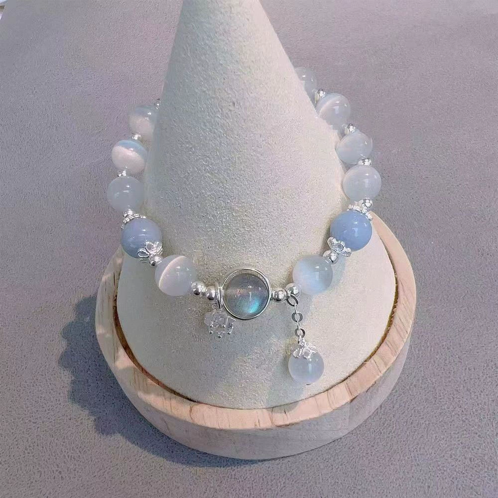 Браслет Sapphire, натуральный кошачий глаз с кристальным шармом, простой элегантный дизайн