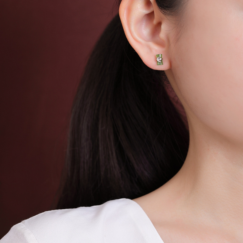 Khuyên tai nữ bạc S925 mạ vàng đính ngọc bích hình lá tre phong cách cổ điển — Kiểu màu bạc
