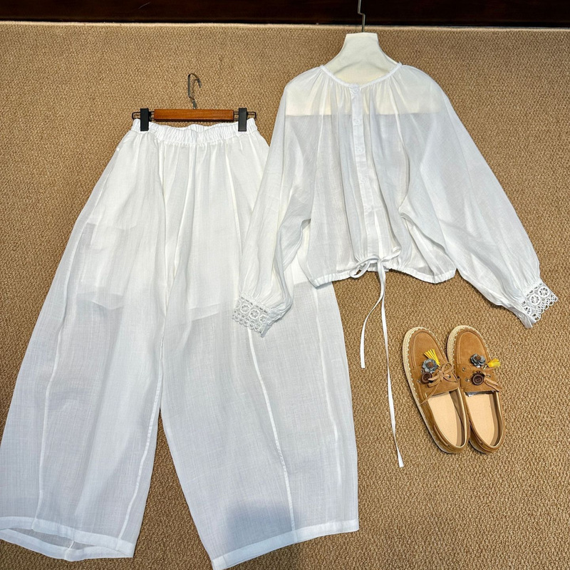 Ramie sun protection jacket, reversible front and back, white + women's curved hem pants, Korean style loose babydoll shirt for spring and summer