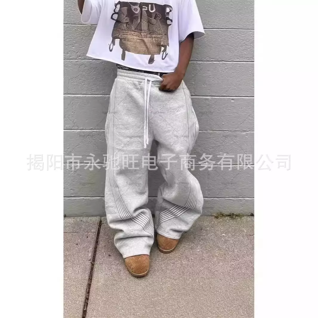 新款休闲宽松直筒长裤条纹休闲裤男夏季时尚潮牌美式个性街头嘻哈