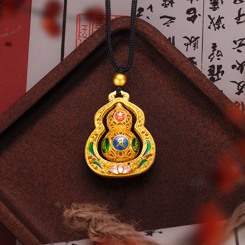 古法金滴油可旋转六字真言葫芦吊坠项链七圣宝莲福禄葫芦牌毛衣链|undefined