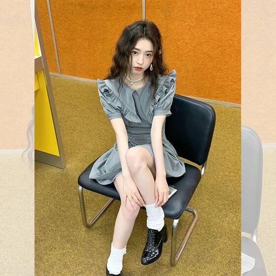 French Preppy Style Puff Sleeve Gray Dress for Women Summer High-End Niche Design Petite Princess Skirt