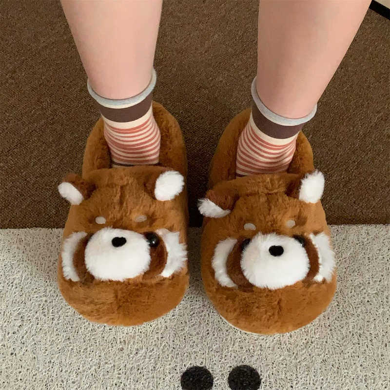 Couple Soft Cute Cartoon Winter Cotton Slippers for Students New Warm and Comfortable Men and Women Cute Little Raccoon Furry Shoes