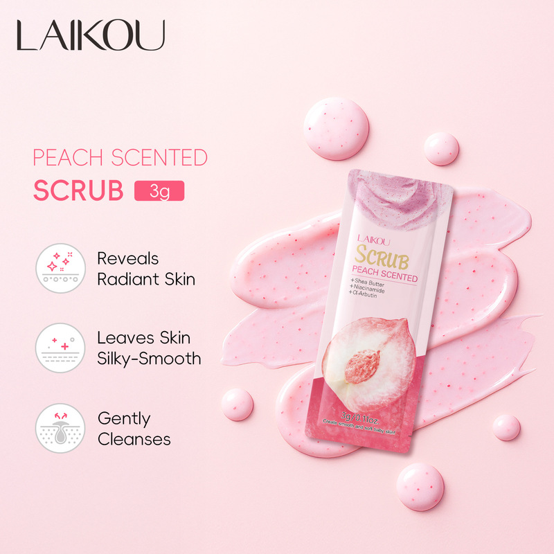 Cross-Border Laikou Light-Sensing Smooth and Fragrant Body Scrub with Peach Flavor 3g Trial Pack English Packaging Manufacturer Wholesale Cross-Border Laikou Light-Sensing Smooth and Fragrant Body Scrub with Peach Flavor 3g Trial Pack English Packaging Manufacturer Wholesale