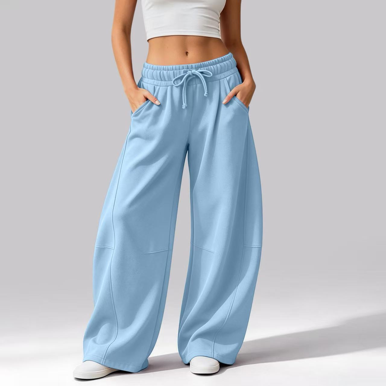 2026 Women's Solid Color Casual Pocket Wide-Leg Pants, Fleece-Lined Drawstring Sweatpants