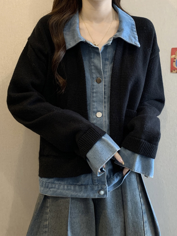 休闲风拼接牛仔假两件外套开衫女秋季微胖mm大码百搭减龄夹克上衣|undefined