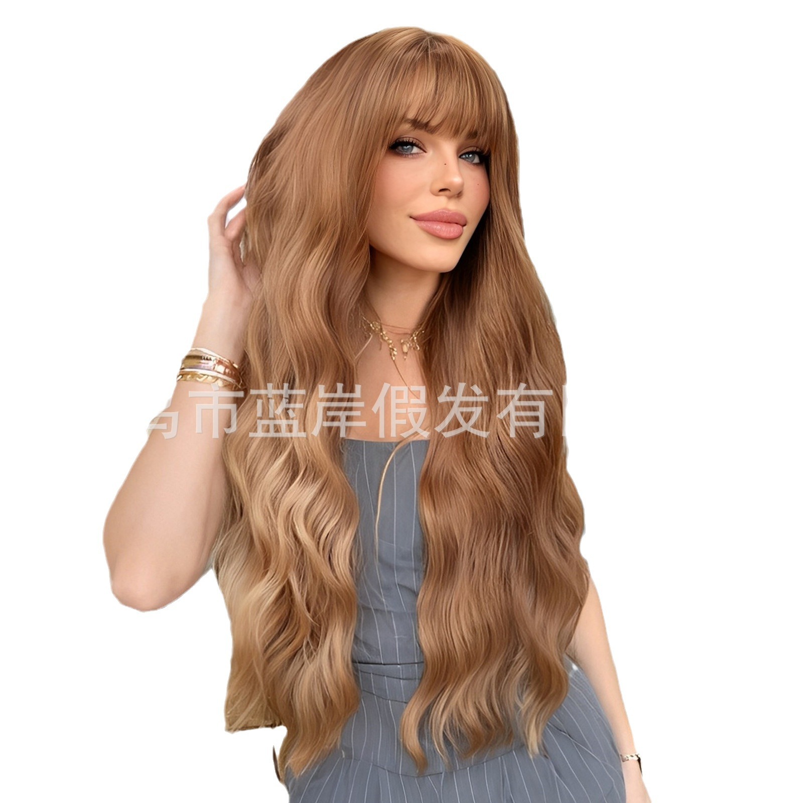 Peluca transfronteriza femenina pelo largo flequillo recto té de leche marrón ondulación del agua pelo largo y rizado temperamento simulación natural cubierta de la cabeza completa