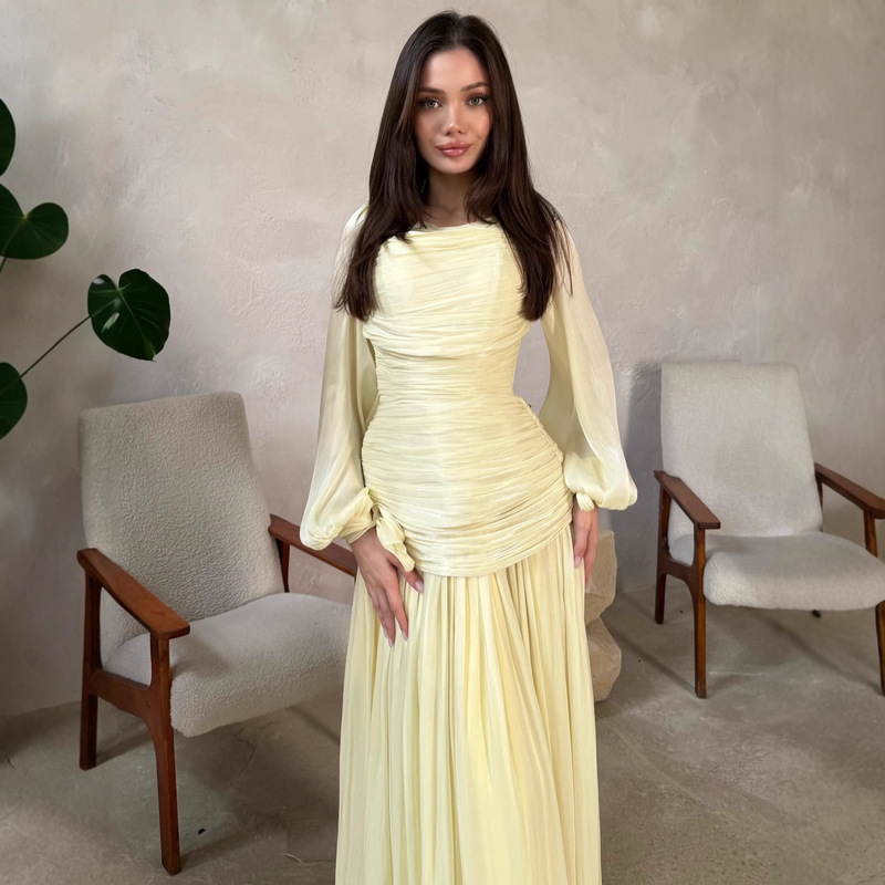 European and American Clothing Cross-Border Export 2025 Autumn New Satin High-Waist Dress Round Neck Pleated Dress Long Skirt Elegant European and American Clothing Cross-Border Export 2025 Autumn New Satin High-Waist Dress Round Neck Pleated Dress Long Skirt Elegant