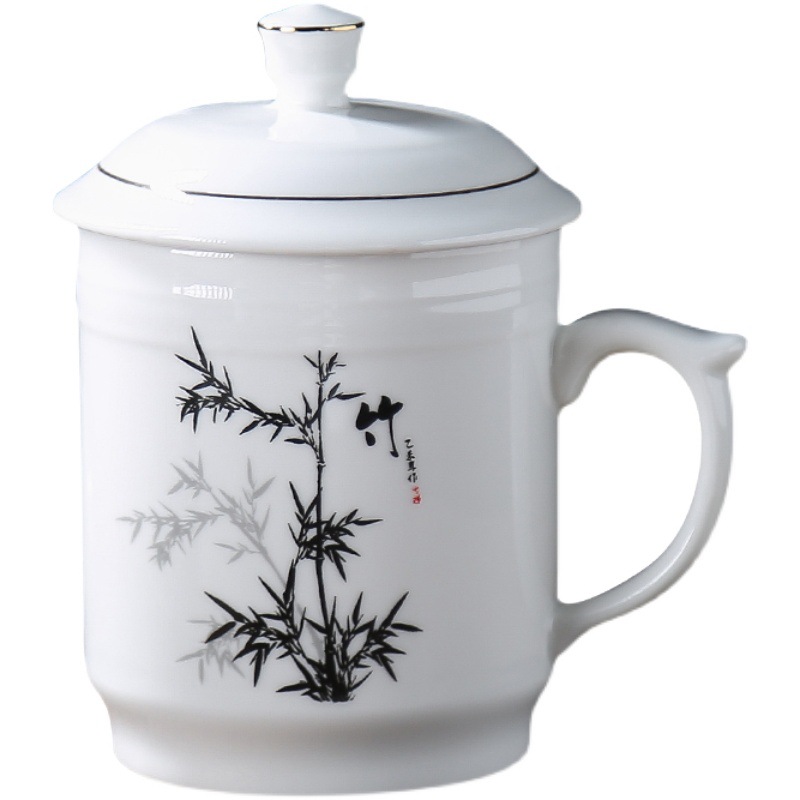 xyt梅兰竹菊陶瓷茶杯家用大容量水杯带盖办公室会议杯礼品杯套装