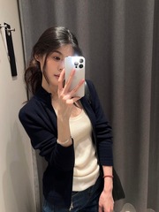 藏青色复古立领长袖针织外套女夏季慵懒宽松防晒开衫休闲拉链上衣