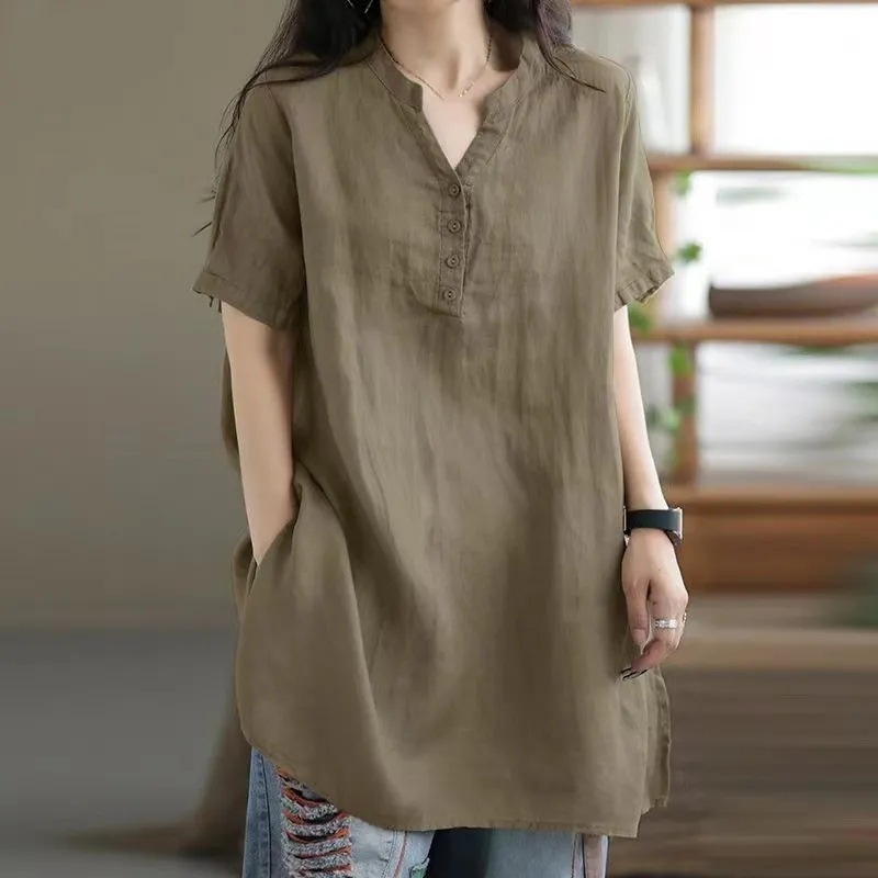 棉质春夏季大码宽松胖MM扭扣时尚V领短袖纯色T恤女外贸批发2357|undefined