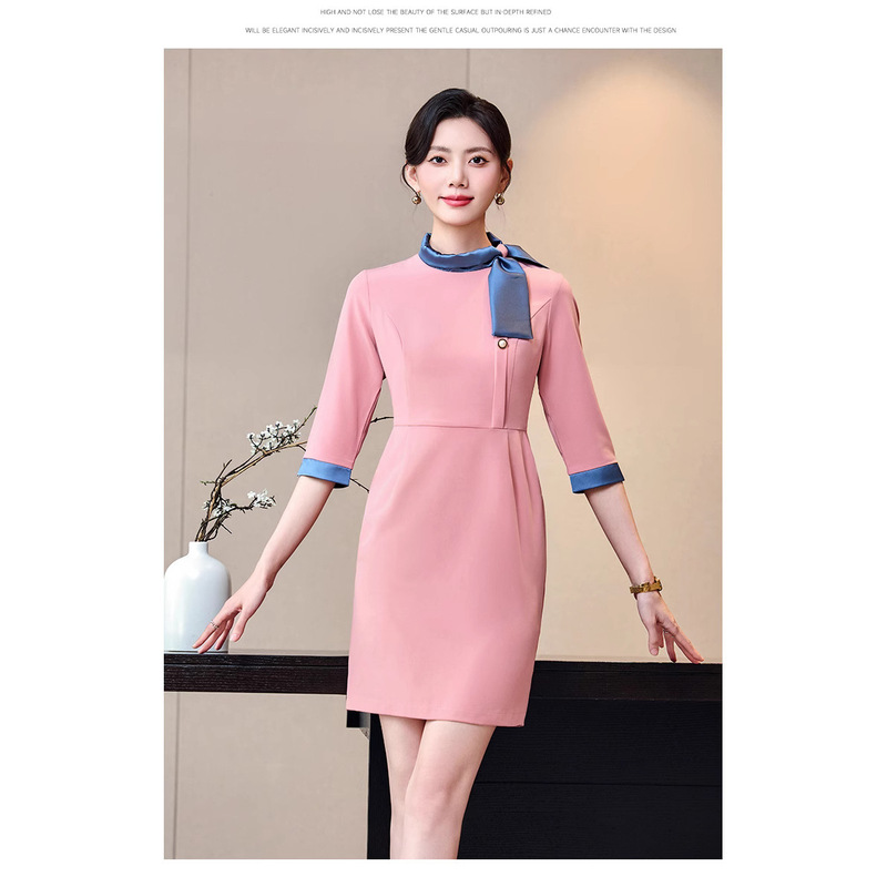Pink Professional Suit Dress for Women, Summer Three-Quarter Sleeve, Elegant Property Etiquette Workwear, Medical Beauty Reception Uniform