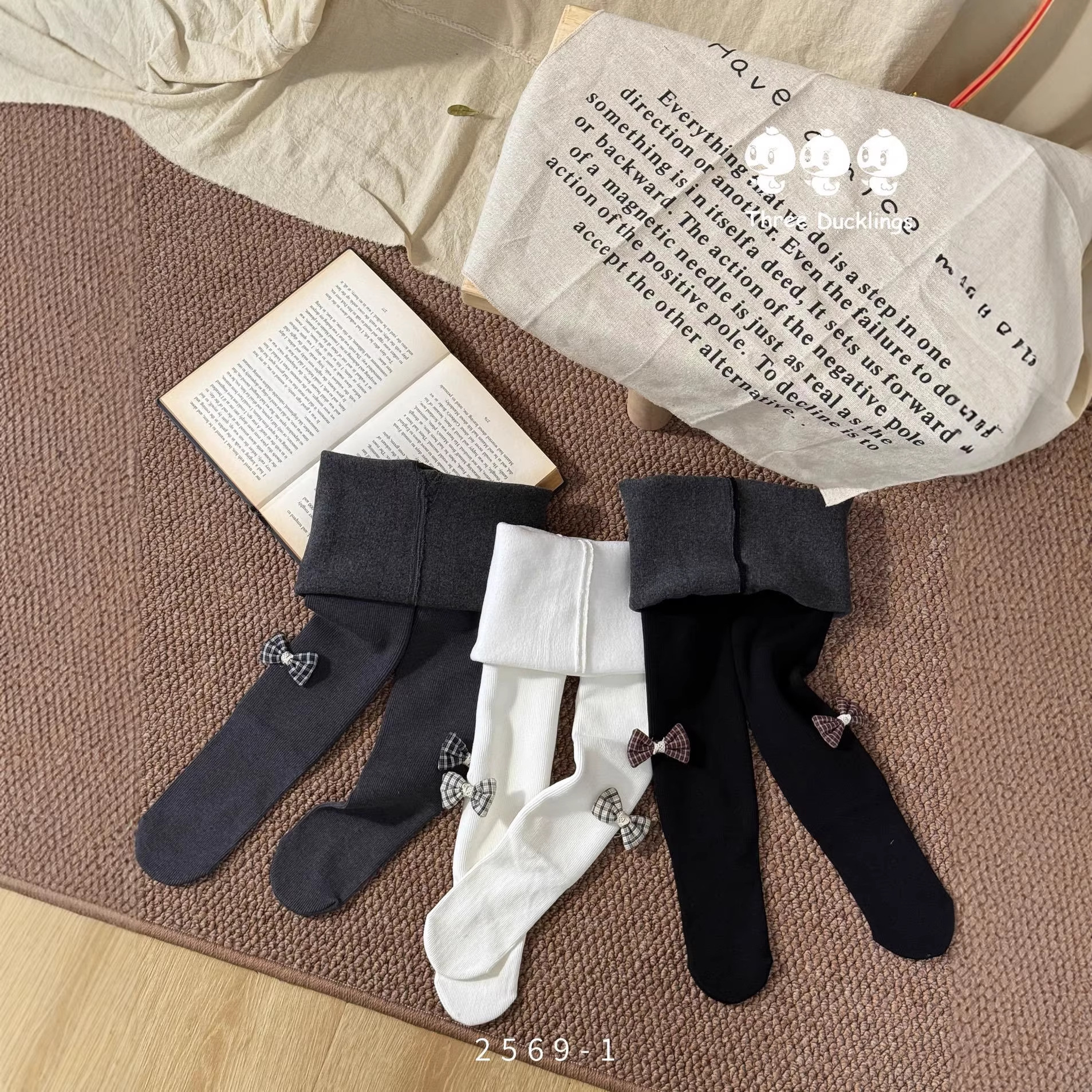 三只小鸭女童连袜裤加绒儿童发热绒打底裤贝壳蝴蝶结小组一体连脚