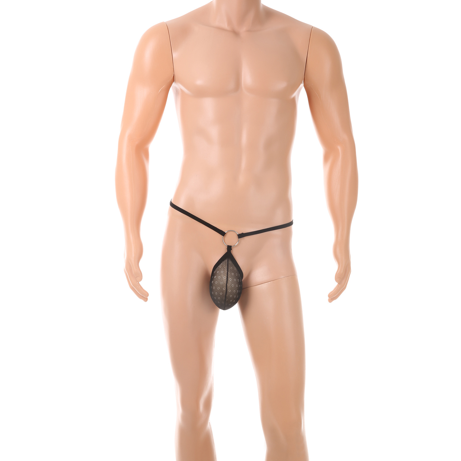 Foreign Trade Sexy Underwear Men's Lace Thong Sexy Transparent Metal Ring Convex Large Bag Bikini T-Pants