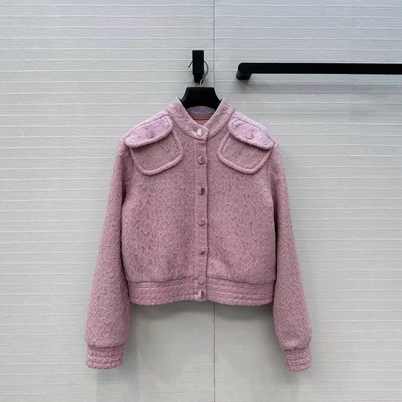 Shenzhen Nanyou 25 Autumn and Winter Style Small Fragrant Lace Stand Collar Pink Woven Tweed Short Jacket