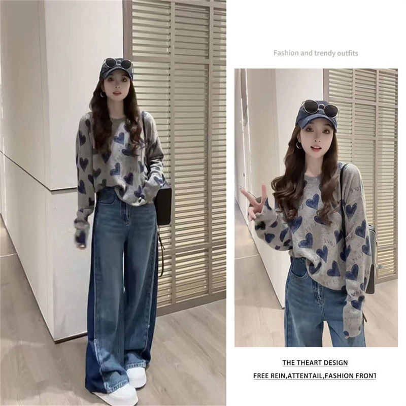 Korean Style Early Autumn Wear, Lazy and High-End Heart Print Pullover Knitwear, Drapey Wide-Leg Jeans Suit