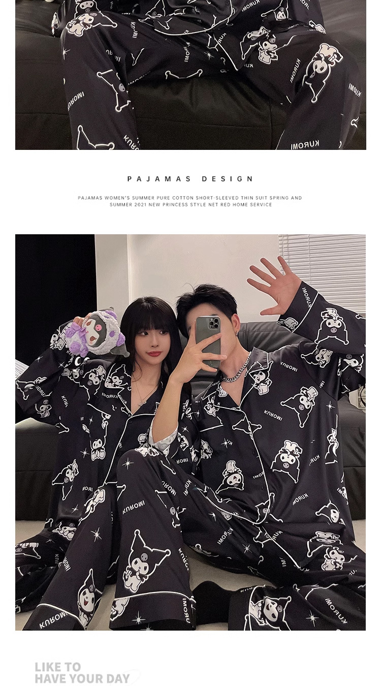 法米姿 情侣睡衣春秋冰丝长袖女薄款高级感新款可爱男士夏季