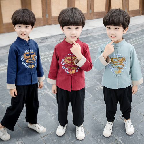 Spring and Autumn Boys Hanfu Suit Chinese Style Retro Children's Tang Suit Long Sleeve Cotton and Linen School Uniform Girls Performance Clothing Wholesale