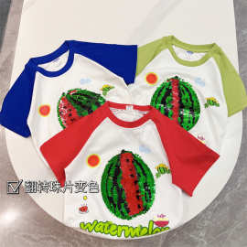 2024新款夏季男童女童百搭短袖T恤翻转珠片男女宝宝西瓜草莓上衣