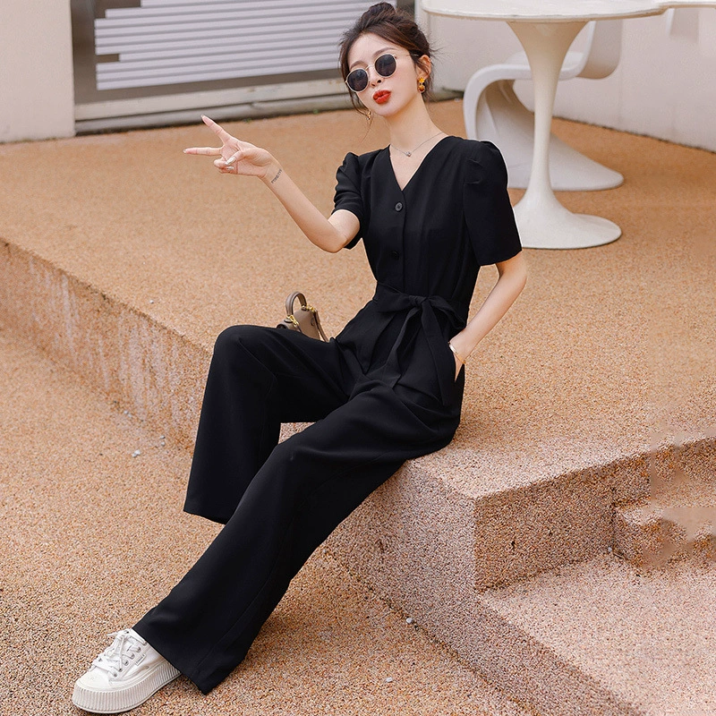 Высококачественный комбинезон для женщин, однорядный, новый модный летний комбинезон с короткими рукавами, черные широкие брюки, тонкие и простые, закрывающие тело.