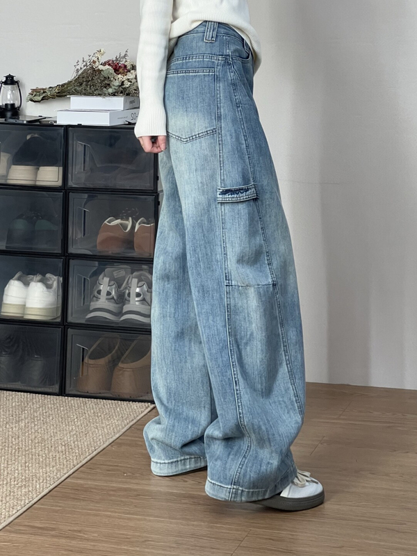 美式竹节纹弯刀工装牛仔裤女2025新款春季梧桐镰刀裤宽松哈伦裤子|undefined