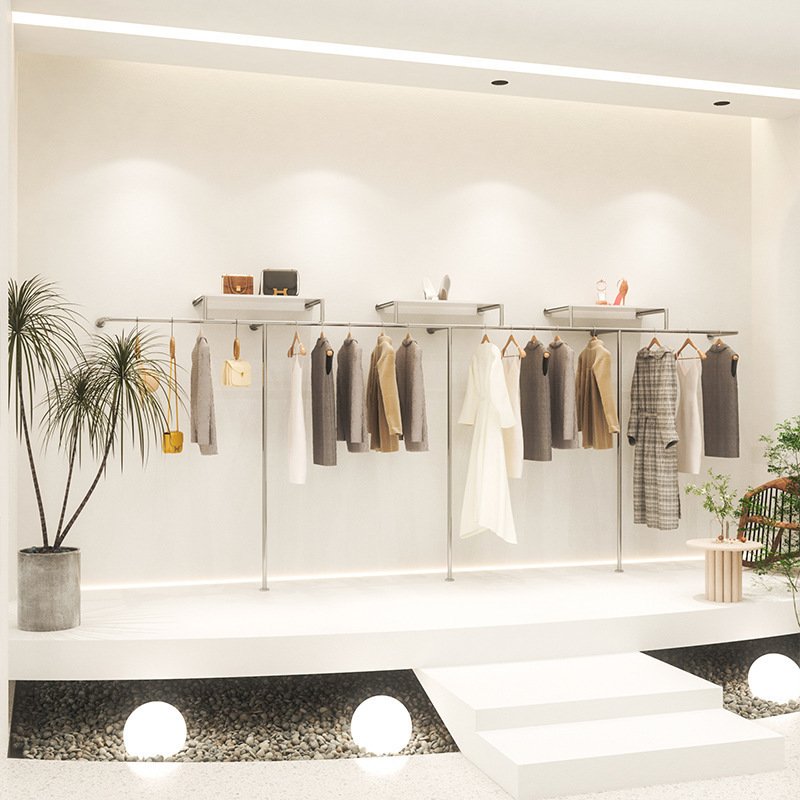 여성 의류 매장 벽 플레이트 의류 레일 스테인레스 스틸 선반 바닥 걸이 디스플레이 선반 의류 매장 디스플레이 랙