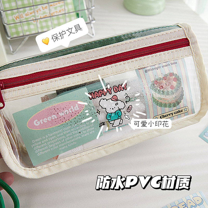 Nueva caja de lápices de gran capacidad de color de contraste transparente para niñas, sentido de diseño, caja de papelería de nicho, caja de lápices estilo ins para estudiantes de escuela primaria