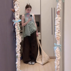 绿野仙踪 复古层叠荷叶边不对称蛋糕层飘带斜肩上衣女休闲阔腿裤