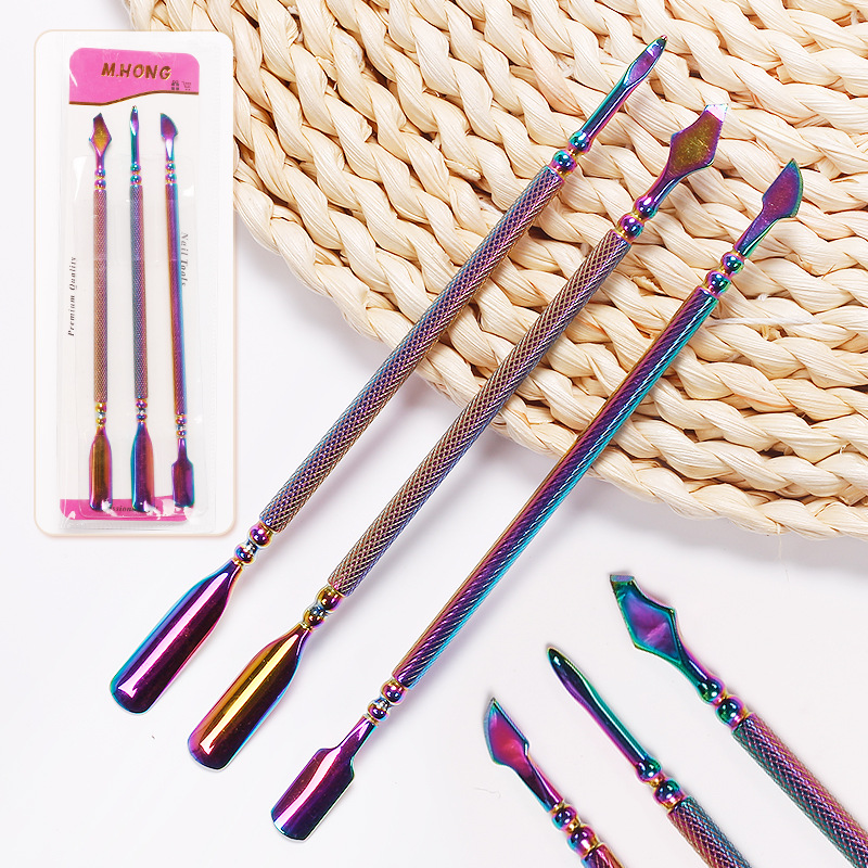 Herramientas de uñas transfronterizas empuje de acero inoxidable traje de 3 piezas de doble cabeza tamaño pequeño empuje de acero grande removedor de esmalte de uñas pegamento empuje de piel muerta