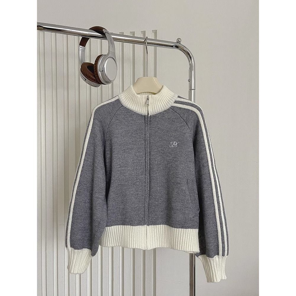 [シープカシミア]アメリカンコントラストカラー長袖スタンドカラーセータージャケットレディースルーズ野球ユニフォームカーディガンジッパートップ