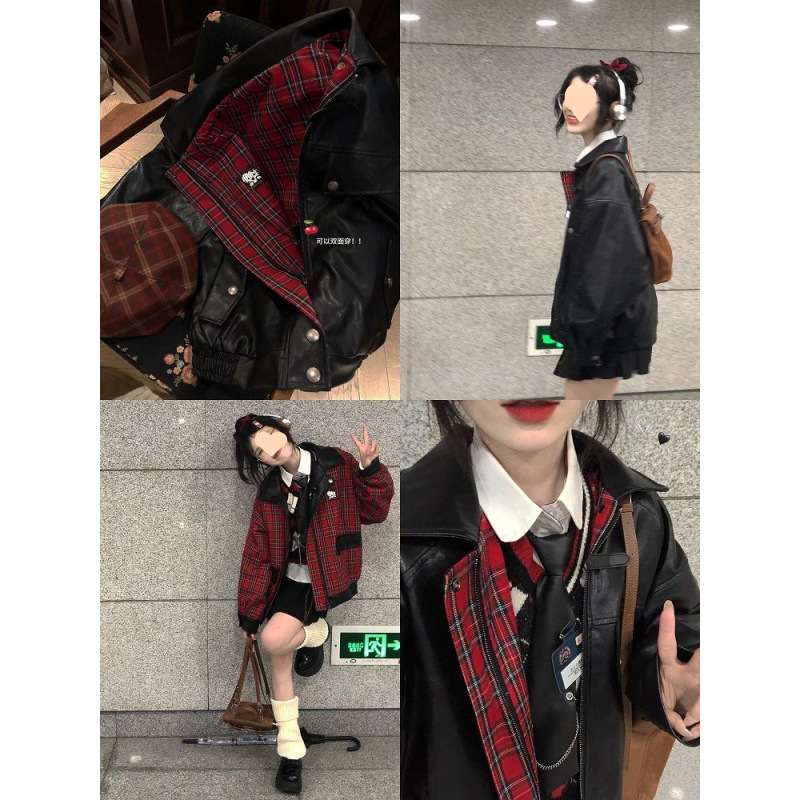 美拉德雙面穿格子拼接外套秋季新款寬鬆百搭刺繡小個子夾克上衣潮