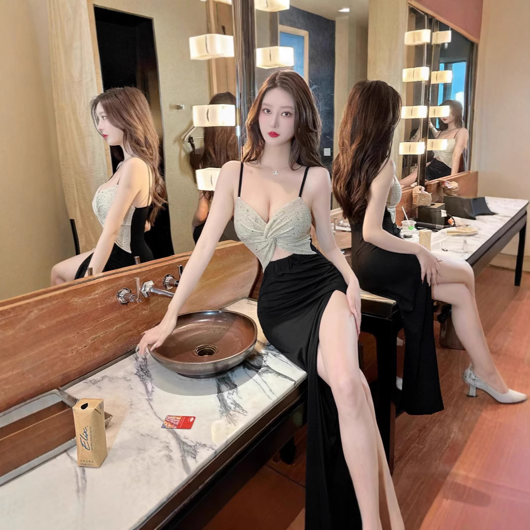 2025夏季新款百搭性感镂空包臀高开衩吊带显瘦长款包臀开叉连衣裙