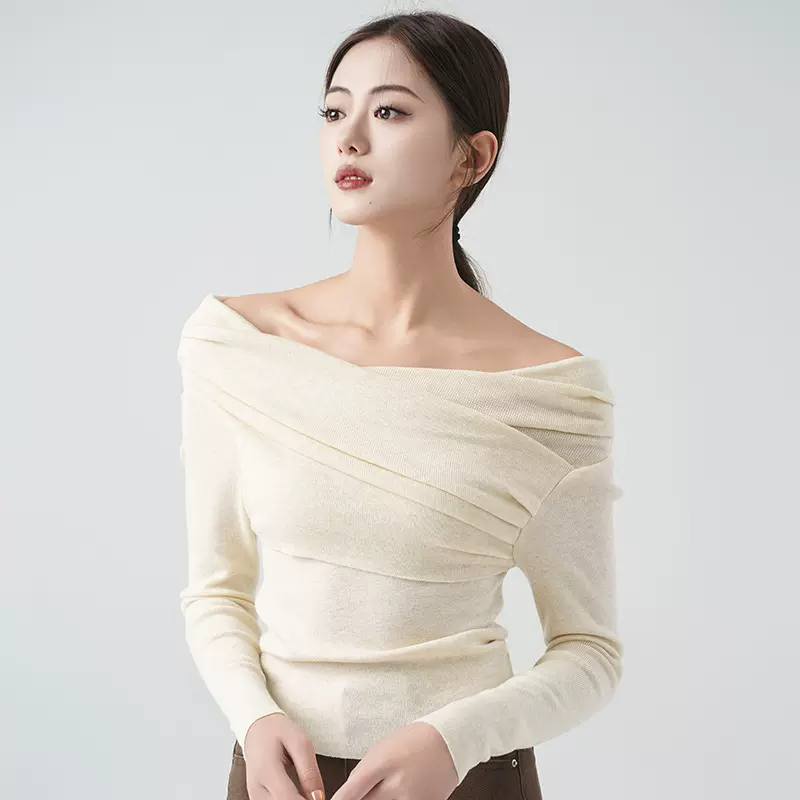 一字肩针织衫女春季新款美式修身显瘦性感露肩长袖气质高级感上衣