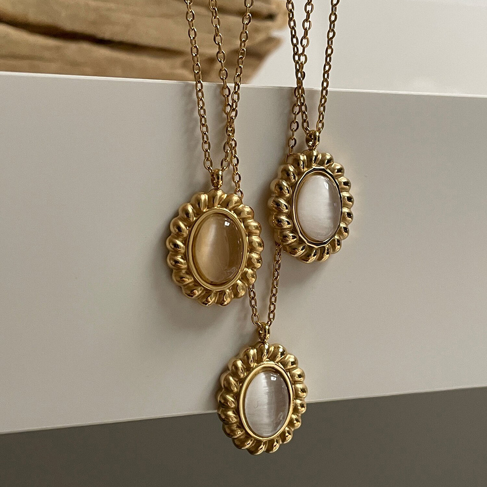 Fashion Simple Oval Pendant 18K Gold Stainless Steel Necklace Earring Suit_colorza_1