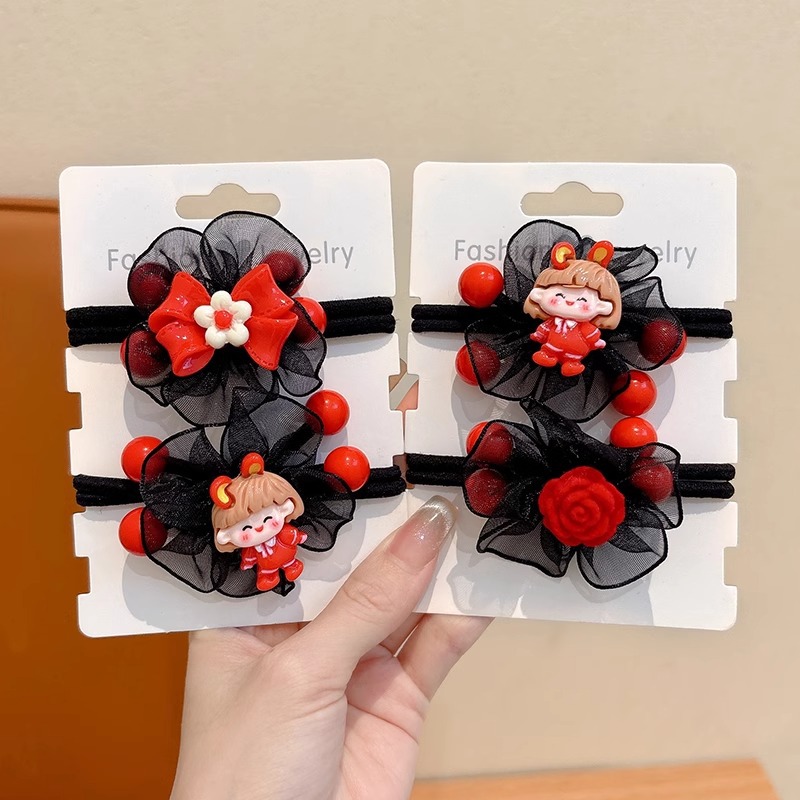 Hijo de malla roja flores anillo de cabello para niños de alta elasticidad arco cabello para niñas lindas correa de goma duradera