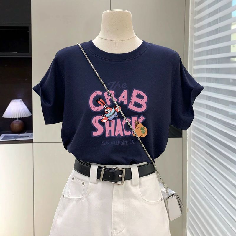 蜜桃粉色t恤女短袖2025新款夏季字母卡通大版宽松显瘦纯棉上衣|undefined